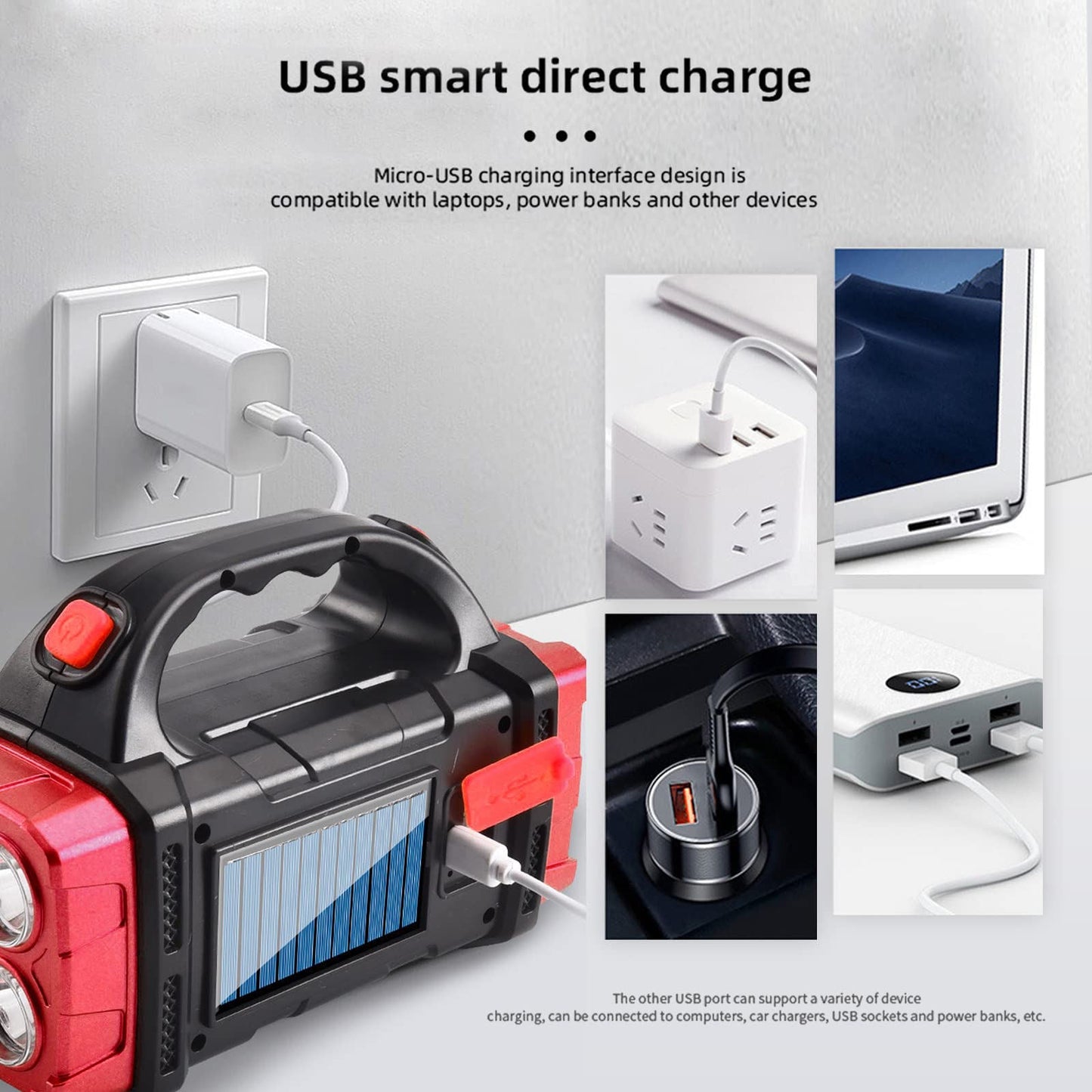 Multifunctional Solar Handheld Flashlight With Power Bank LED USB Rechargeable Work Torch For Camping Fishing Searching