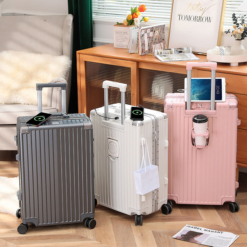 Trolley Suitcase with Cupholder and Usb Charger Carry on Baggage Aluminium Body Luggage